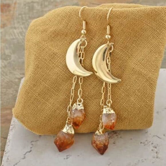 Brazilian Citrine Point Moon Dangle Earrings in Goldtone 27.00 ctw - Picture 1 of 14